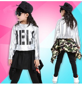 Silver top black skirt pants camouflage skirt pants girls kids children street dance school play stage performance fashion hip hop jazz dancing costumes outfits